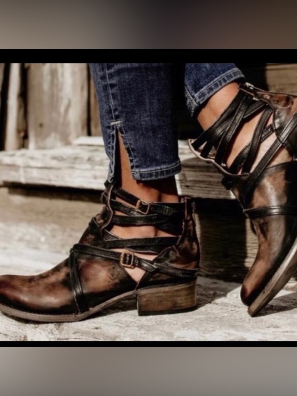 Women's Distressed Brown Cutout Ankle Booties with Strap Detail